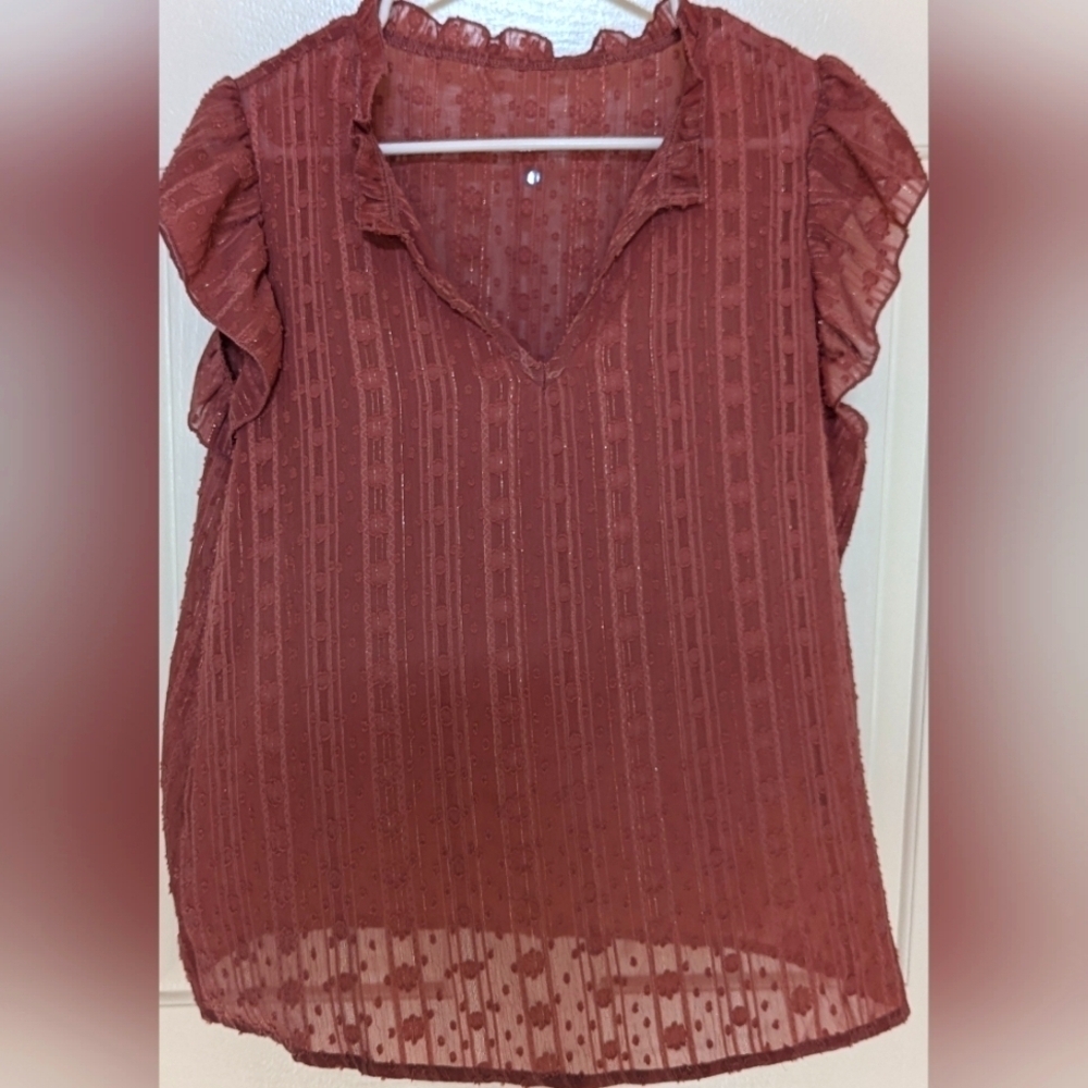 SHEIN VCAY Notched Neck Ruffle Trim Chiffon Blouse size Large
